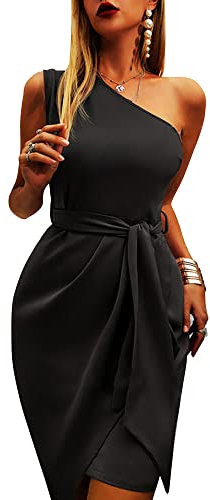 KBRPEY Robe Epaule Denudee Femme Asymétrique Une Bretelle Robes Chic Et Elegant Ceinture Nœud Drapée Midi Cocktail Soirée Ete Vetement Boheme