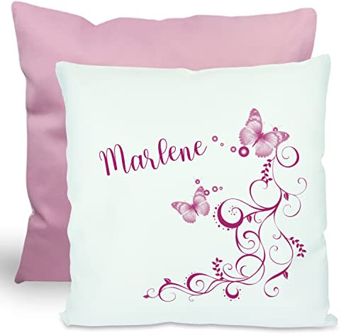 CreaDesign, Kinder Kissen 40x40 cm personalisiert mit Namen, Kinderzimmer Deko Kissen Kinder mit Füllung Federn, Motiv Schmetterling rosa, Rückenfarbe Rosa