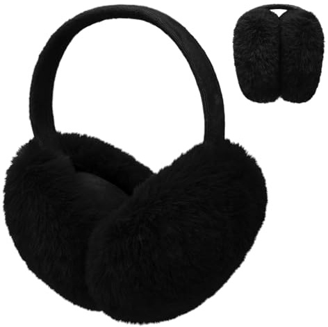 Justay Comf Foldable Ear Muffs Women Soft Thermal Fluffy Faux Fur Ear Warmers Ear Cover Head Accessories Protection from Wind Ladies Gift for Winter Outdoor Christmas,B-Black