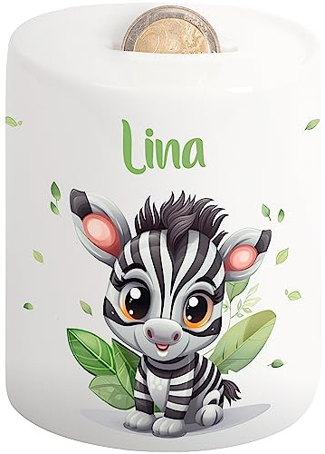 Süße Kinder-Spardose mit Namen – Sparschwein für Mädchen & Jungen – personalisiertes Geschenk zur Einschulung Taufe Geburtstag Weihnachten – Geldgeschenk-Verpackung Kinder (Zebra, Blätter)