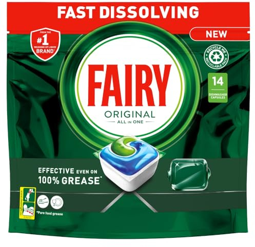Fairy All-In-1 Dishwasher Tablets, 14 Capsules, Original, Effective Even On Dried-On Grease