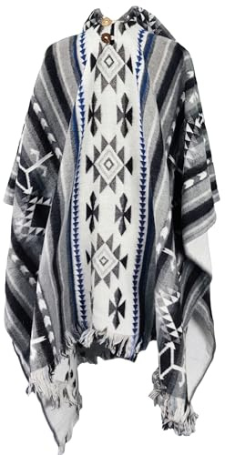 Ponchos para adultos con capucha – Poncho de lana de alpaca para hombre – Poncho mexicano para hombre – Poncho de nube de arena – Hecho a mano y artesanal, Máscara azul Huma, Talla única