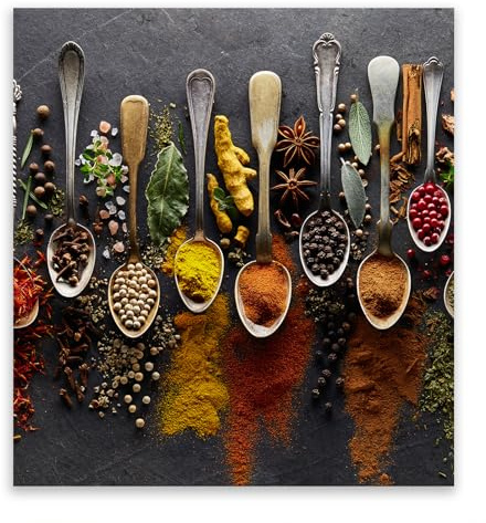 SMTDeco Herdabdeckplatte 60×65 cm – ESG gehärtetes Glas, kratzfest & rutschfest – Spritzschutz & Schneidebrett – für Induktion/Ceranfeld – 1-teilig, Motiv Gewürze Kräuter Orange