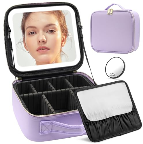 JADAZROR Trousse de Maquillage avec Miroir et Lumière, Organisateur de Maquillage de Voyage 3 Couleurs LED, Cosmétique Portable avec Séparateurs Réglables, Violet