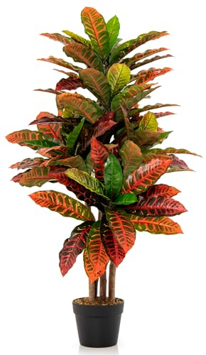 RELAX4LIFE Kunstpflanze 100 cm, Künstliche Pflanze Kroton, Kunstbaum mit 71 Großen Blättern & Natürlichem Holzstamm, Zimmerpflanze Grün+Rot, Palmenbaum für Zuhause Büro