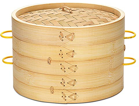 Natural Bamboo Steamer Basket, 2 Tier Chinese Food Steamer with Handle and Lid for Cooking Dim Sum, Dumplings, Chicken (28cm)