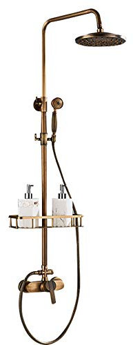 ROGONPDK Kit de douche - Système de douche - Douche à effet pluie - 20 x 20 cm - Barre de douche réglable - 78-115 cm - Colonne de douche avec étagère - Vintage - Laiton