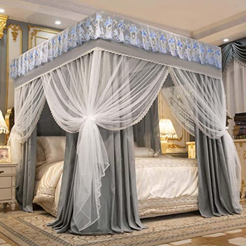 GUHPZA 2-in-1 Prinzessin 4 Ecken Netz und Bettvorhang Baldachin Netz Vier Eckpfosten Baldachine für Mädchen Jungen Kinder Teenager Mädchen Schlafzimmer Heimdekoration (Grau 120cm*200cm*200cm)