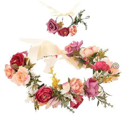 1 Stück Blumenkranz-Stirnband und Blumenarmband, Blumen-Haarschmuck, Elfen-Stirnband, Braut-Haarschmuck, geeignet für Mädchen-Geburtstage, Hochzeiten und Urlaube