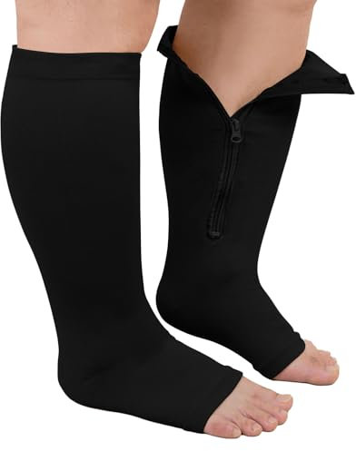 ZFSOCK Plus Size Compression Socks: Wide Calf Graduated Pressure Support Stockings Men Women Open Toe Toeless Zipper Extra Large Flight Socks for Swollen Legs Travel 1 Pair Black XXL