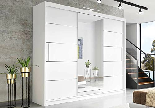 RAC3 Wardrobes for Bedroom with Mirrored Sliding Door & LED Light Premium Wardrobe Storage with Sleek Design comes in Colours Black/White/Grey/Oak- Different Sizes from 120cm - 250cm (White, 250cm)