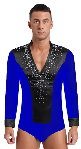 Yhong Herren Langarm Body Satin Latein Trikotbody Jazz Tango Glitzer Turnbody Leotard Freizeit Hemd Gymnastik Stretch Hemdbody Ballettanzug Blau XL