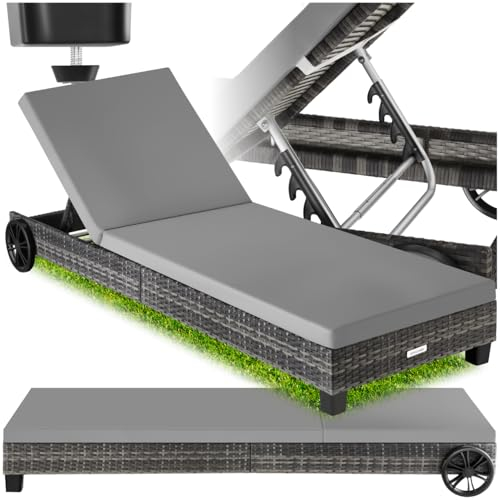 TecTake® Lettino Prendisole in Rattan, Regolabile in 5 Posizioni, Lettino con Telaio in Alluminio, Lettino Sdraio con Rotelle, Ideale per Giardino, Piscina, Terrazzo - Grigio