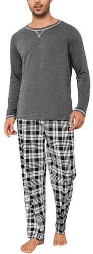 Litherday Schlafanzug Herren Lang Winter Baumwolle Zweiteiliger Nachtwäsche Set Männer Lang Rundhals mit Kariert Pyjamahose