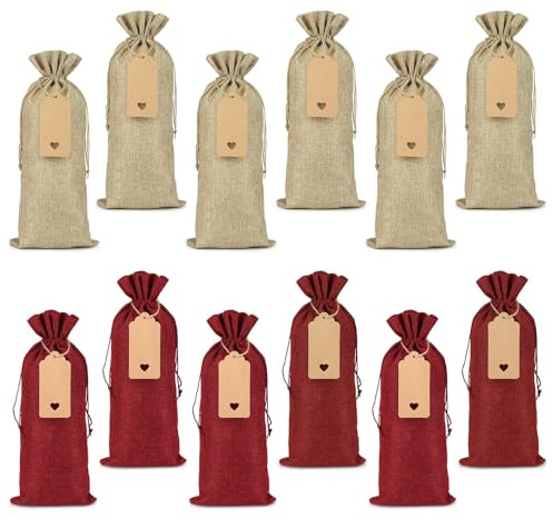 12 Stück Weinbeutel Weihnachten, Jute Weinflaschen Tasche mit Etiketten | Geschenktüten Flaschen, Wiederverwendbare Xmas Flaschentüten Flaschenbeutel Taschen für Weihnachten Dinner Party
