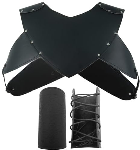FHUILIJH Vintage Rüstung und Handgelenkschützer Set Krieger Ritter Schulter PU Leder Körper Brustgurt,Schwarz,23cm