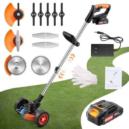 DKIEI 3-In-1 Cordless Strimmer, Garden Electric Grass Strimmer With Removable Wheels, Metal Blade & 24V Battery Weed Trimmer For Yard, Lightweight 3KG Garden Tools Adjustable Height Lawn Mowers