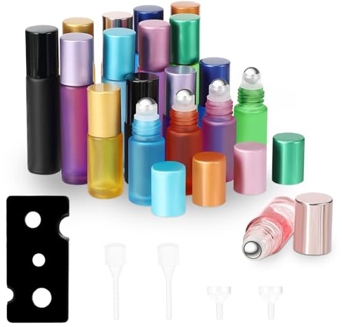 Botellas Roll On Cristal, 10ml 5ml Color Botellas de Aceite Esencial | con Roll-on Bola de Acero Inoxidable Abridor de Botellas Embudo Gotero, para Aceites Esenciales, Perfumes, Masaje(18 Piezas )