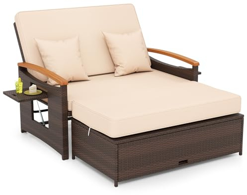 GIANTEX Lounge Möbel Outdoor, Gartensofa mit Liegefunktion, Balkonmöbel Kleiner Balkon, Outdoor Sofa, Rattan Lounge Sofa, Gartenlounge mit Stauraum, Garten Doppelliege 2 Personen, Rattan Daybed Garten