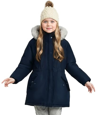 maoo garden Manteau Hiver Fille – 8-14 ans Parka veste enfant fille de Ski Épais avec Capuche en Fausse Fourrure et Revêtement Imperméable pour Grands Marine 13-14 ans