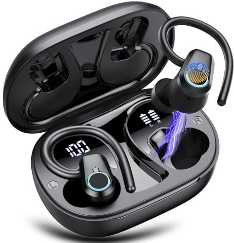 Wireless Earbuds, Bluetooth 5.3 Headphones with 4 ENC Noise Canceling Mic, 50H Stereo Dual LED Display Ear Buds, Sport Bluetooth Earphones with Earhooks, IP7 Waterproof Wireless Headphones for Running
