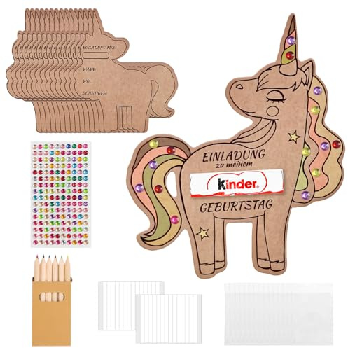 Einladungskarten Kindergeburtstag,Einhorn Einladungskarten Kindergeburtstag | mit 6 Buntstifte,1 Strass-Aufkleber,2 Klebeaufklebern,15 Transparente Beutel,einladungskartens Einhorn für Jungen Mädchen
