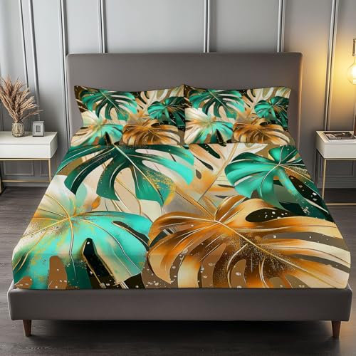 Dark coffee brown Printed Fitted Sheets Single Bedding, Tropical Plants Monstera Leaves Bed Sheets with Deep Pocket 30cm for Kids Teens Adults, Soft Microfibre Shrinkage Fade Resistant Easy Care