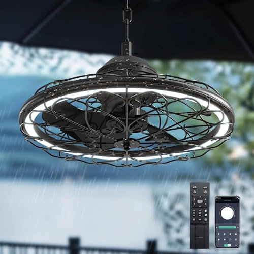 KZT Ventilatore da Soffitto Esterno con Luce IP65 Impermeabile Lampada Ventilatore Soffitto Silenzioso Ventilatore Soffitto con Telecomando e Reversibile DC Motore, 6 Velocità, per Soggiorno, Nero