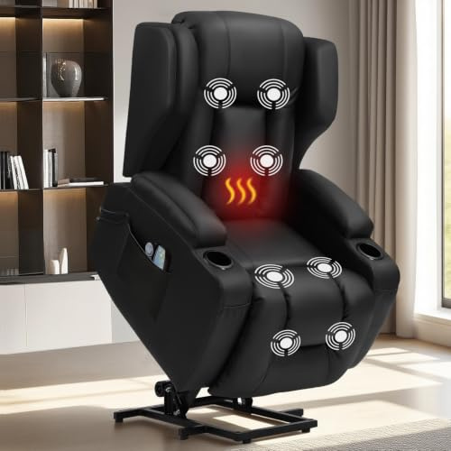 ZRNINR Elektrischer Fernsehsessel mit aufstehhilfe, Relaxsessel Massagesessel mit Aufzug Heizung Liegefunktion, Liegen TV Sessel für Wohnzimmer, Schwarz, 1