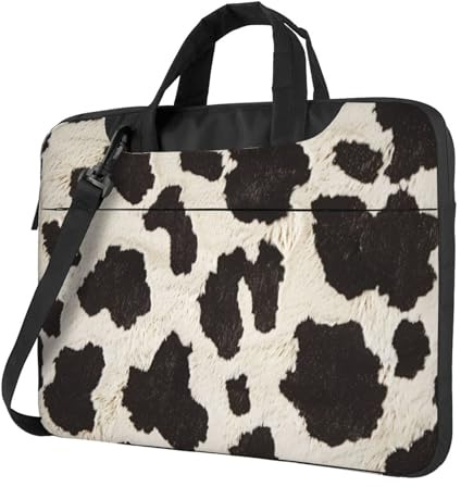 KCGSDEGV Laptoptasche mit Kuhfell-Aufdruck, dreilagiger Schutz, stoßfest, Crossbody-Laptop-Umhängetasche für Damen und Herren, Schwarz , 13 inch
