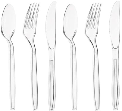 Krishiv Heavy Duty Resusable Cutlery Set | 50 Forks, 50 Spoons, 50 Knives | Clear & Reusable Disposable Tableware for Parties, Weddings, Catering, BBQs & Everyday Use Pack of (150)