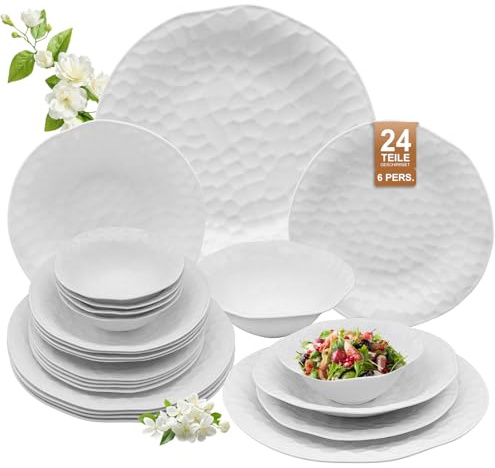 Vajilla para 6 personas, 24 piezas, vajilla de porcelana, juego de 6 platos llanos, platos de postre, cuencos de cereales, ensaladera, servicio combinado, diseño geométrico blanco