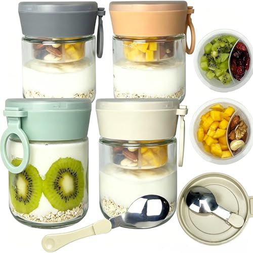 4er Overnight Oats Gläser Med Vikbar Sked, Mångsidiga Müslibecher To Go Med Lock, Torr-Våt Separation Müsli To Go Becher, Meal Prep Gläser För Yogurt Porridge Frukost (4 Styck – 480 ml)
