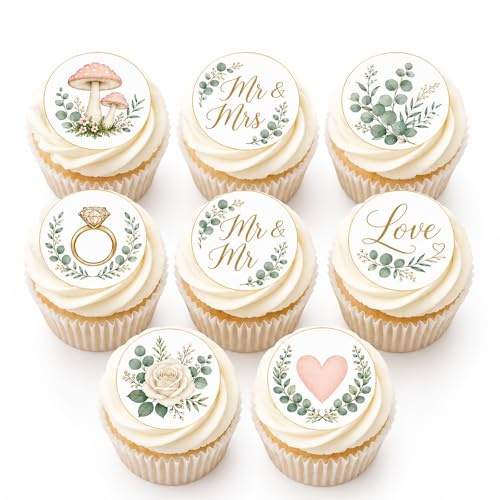 Gleevio 48 Stück Cupcake Deko Hochzeitstorten Deko 4,5cm,Essbare Tortendeko | Hochzeit Muffin Deko, Runden Mr & Mrs Cupcake Topper, Herz Hochzeitskuchendeko, Esspapier Tortendeko für Hochzeitsfeier