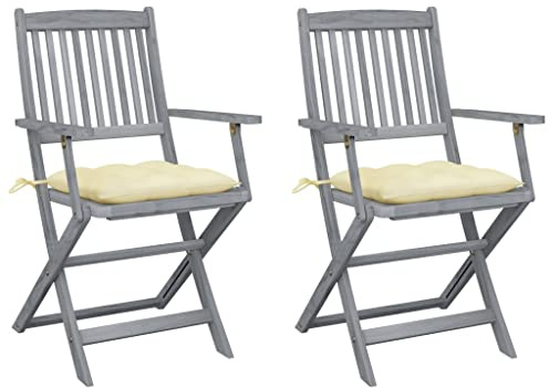 HFXHIJXQ 2er Set Gartenstühle Klappbar aus Akazie Massivholz mit Cremeweißen Sitzkissen, Moderne Holzstühle für Terrasse Balkon und Garten, Klappbare Essstühle Grau Lasiert