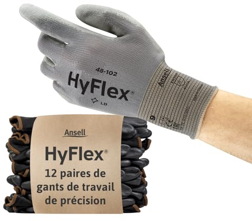 Ansell HyFlex 48-102 Dünne Arbeitshandschuhe mit PU Beschichtung, Leichte Schutzhandschuhe für Präzises Arbeiten, Heimwerk, Montage, Handschuhe Herren Damen, Grau, Größe S (12 Paar)