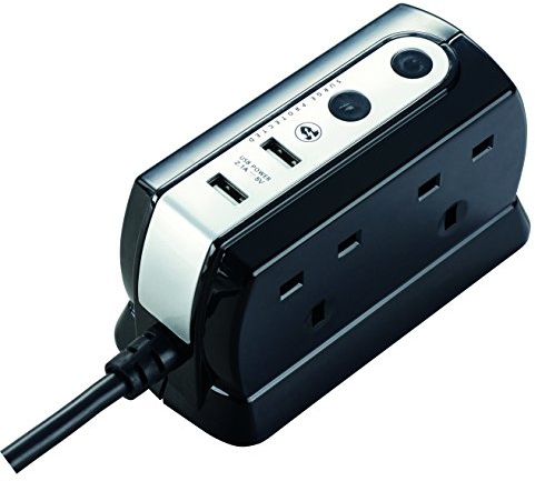 Masterplug Heavy Duty Four Socket Surge Protected Extension Lead with 2 USB Ports, 1 Metre, Black
