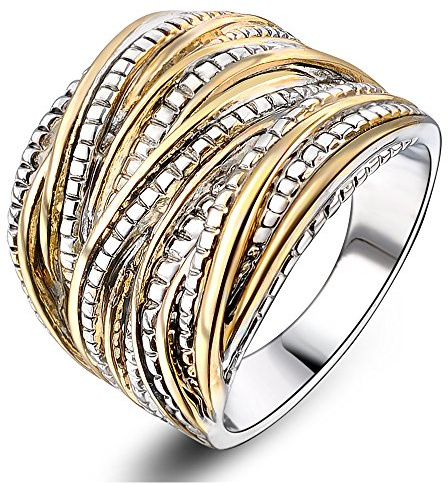 Mytys 2 Tone Intertwined Crossover Statement Ring Fashion Chunky Band Rings for Women Black Gold Silver Rose Gold Plated Wide Index Finger Rings Costume Jewelry (gold and silver size 8)