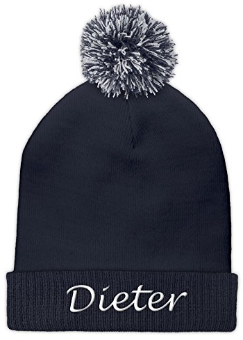 printplanet Pudelmütze mit Namen Dieter Bestickt - Farbe Blau - personalisierte Mütze, Strickmütze, Namensstickerei, Bommelmütze
