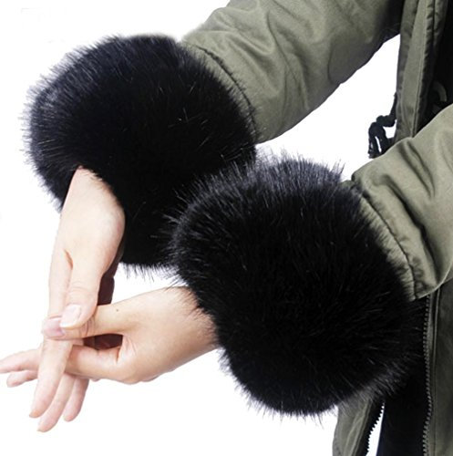 Cheerlife Damen Mädchen Faux Fell Pelz Armstulpen Stulpen Manschetten Fellstulpen Handschuhe Herbst Winter 2.Schwarz