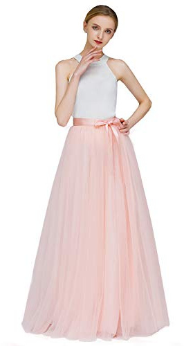 EllieHouse A Line Long Full Bridesmaid Tulle Skirt for Wedding Evening Party P68 Blush L