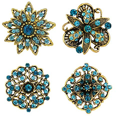 NA 4 broches vintage con diseño de flor azul dorado y diamantes de imitación, elegante broche de aleación para chal para mujeres y niñas, accesorios de fiesta de boda