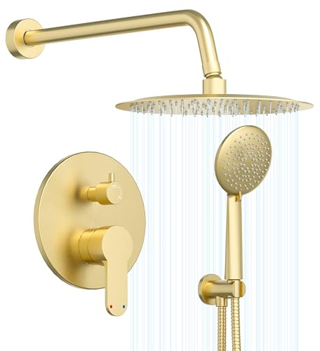 Gabrylly Gold Shower Head System, Shower Faucet Set with Pressure Balance Shower Valve, 10 Inch Shower Heads with 5-Setting handheld Spray Combo, High Pressure Shower Fixtures, Brushed Gold