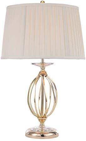 Loops Table Lamp - Ivory Shade - Cut Glass Droplets - Hand Forged Curved Metal Base - Highly Polished Brass Finish - LED E27 60W Bulb
