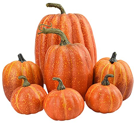 F Fityle 7pcs Artificial Pumpkins Bulk Faux Harvest Pumpkin Fall Wedding Centerpiece Halloween Seasonal Decoration Photograph Props, Orange