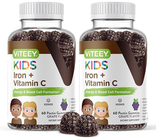 VITEEY Iron for Kids with Vitamin C - Supports Energy, Blood Cell Formulation, Blood Builder Anemia Kids Iron Supplements - Vegan, Gelatin Free, Gluten Free - Tasty Chewable Grape Flavored Gummy