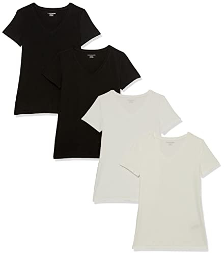 Amazon Essentials T-Shirt Col en V, à Manches Courtes, Coupe Standard Femme, Lot de 4, Noir/Blanc, L