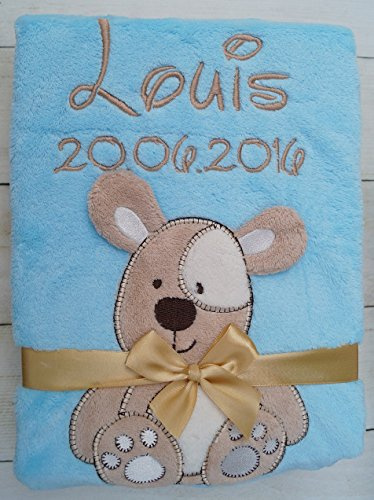 Babydecke mit Namen und Datum bestickt Baby Geschenke Geburt (Blau - Hund)