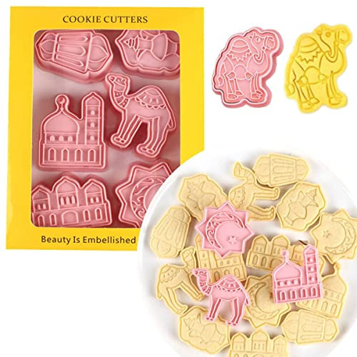 Eid Mubarak Cookie Cutters 6PCS 3D Ramadan Cookie Stamp Molds DIY Cake Baking Tools Silicone Ramadan Islamic Muslim Biscuit Mold Baking Cookie Cutter for Kitchen