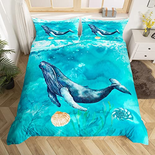 Homemissing Set di biancheria da letto con balena oceanica e balena oceanica, copripiumino con animali marini, copripiumino per letto matrimoniale